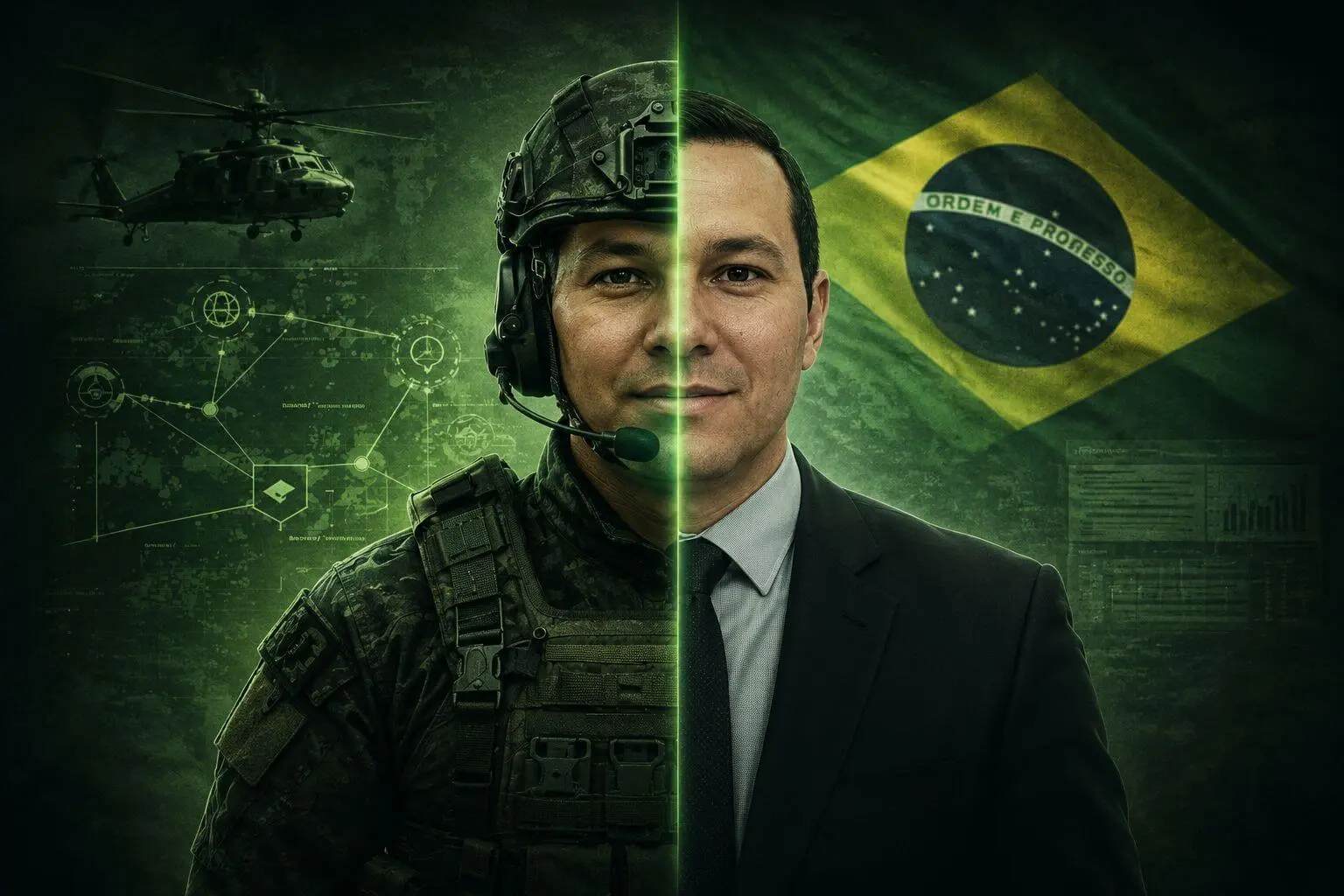 Militar olhando para uma mesa de estudos institucional ao entardecer
